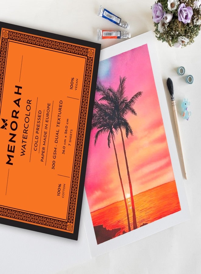 MENORAH مينورا - B4 بلس - ورق ألوان مائية مزدوج الملمس - 300 غرام/متر مربع - كراسة رسم/ورق ألوان مائية قطني 100% - دفتر رسم فني - كراسة أوراق منفصلة - (7 أوراق/14 صفحة) - (36.0 سم × 26.0 سم) - مثالي للأكريليك والجواش والألوان المائية - كراسة رسم - Image 1